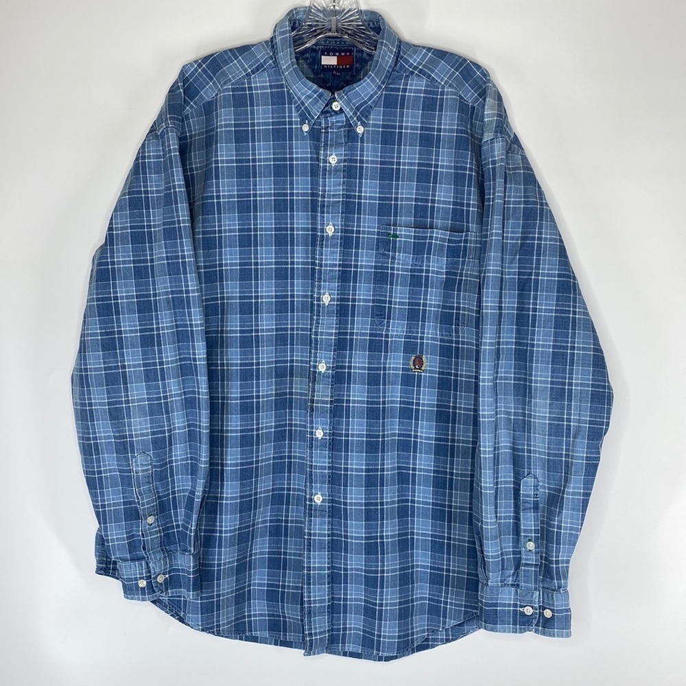 Vintage Tommy Hilfiger Blue Plaid Long Sleeve Button Up Shirt Size XL